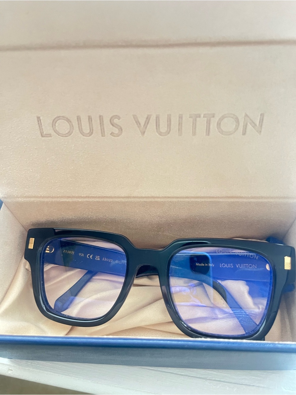 Authentic Louis Vuitton Black Frame Sunglasses with Blue Lenses and Gold Accents
